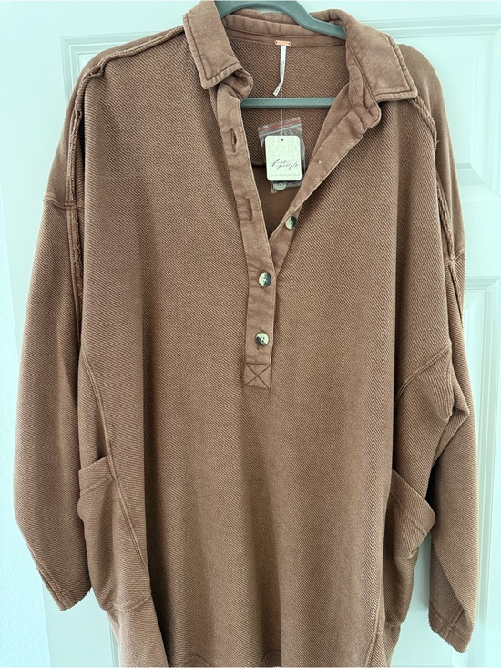 Free People Tops - Free People Wilder Oversize Long Sleeve Cotton Polo - Brown